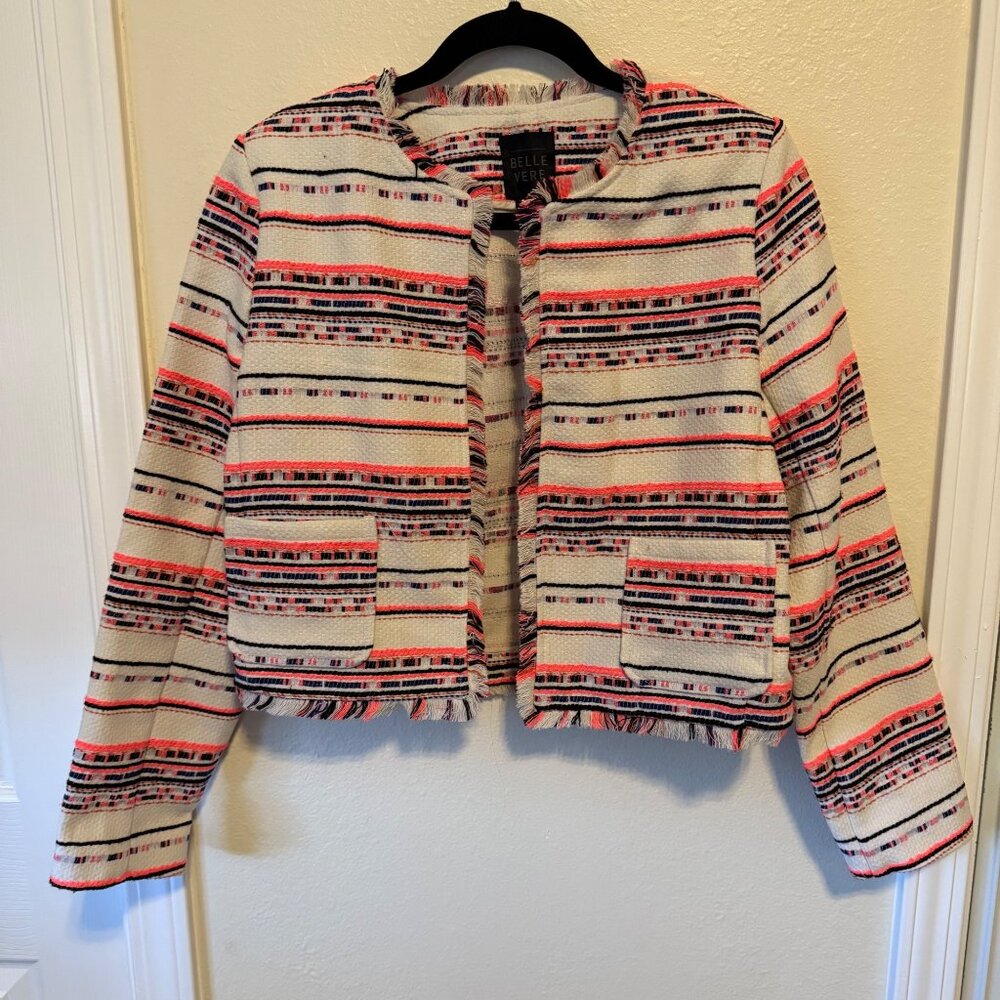 BELLE VERE X Anthropologie Tweed Jacket Frayed Fringe Edge Outerwear Coat Size S